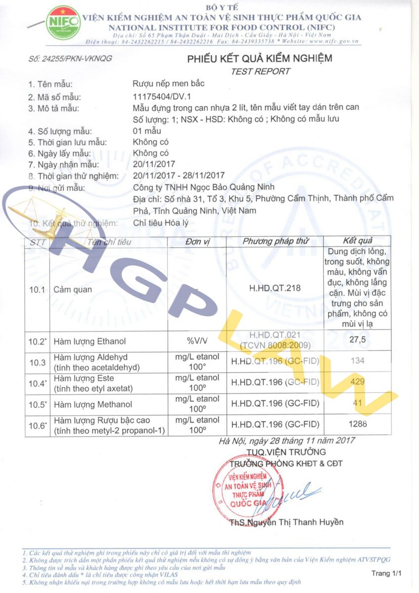 Phiếu kiểm nghiệm chất lượng rượu tại Quảng Ninh